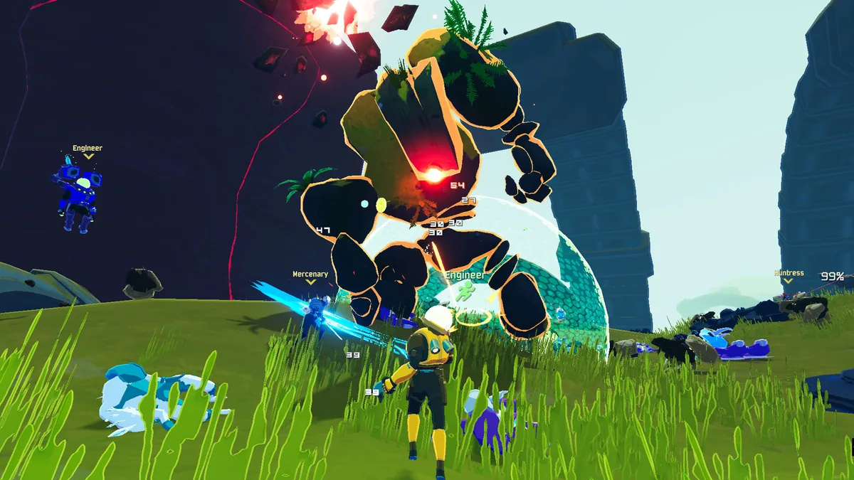 Survivors activating the teleporter with glowing forcefield defending against colossal boss swarm on Petrichor V
